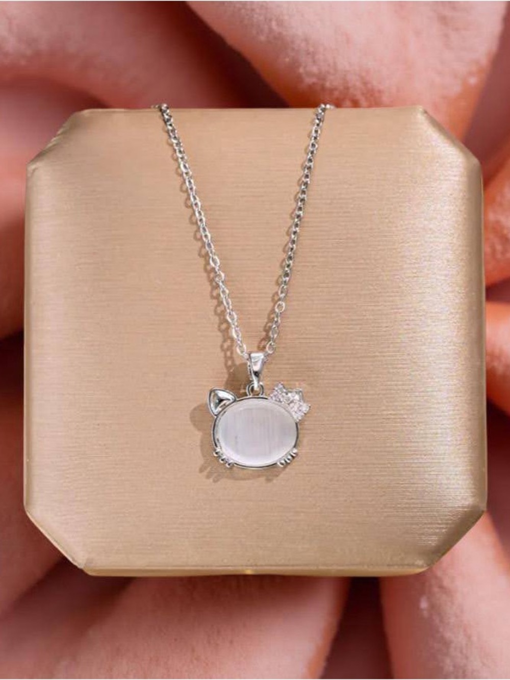 Silver Cat Pendant Necklace with Moonstone-Look Center